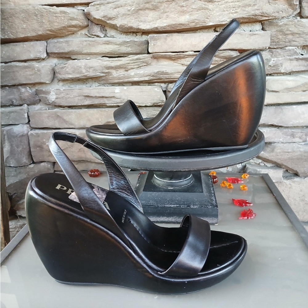 Prada Black Leather Wedge Sandals
